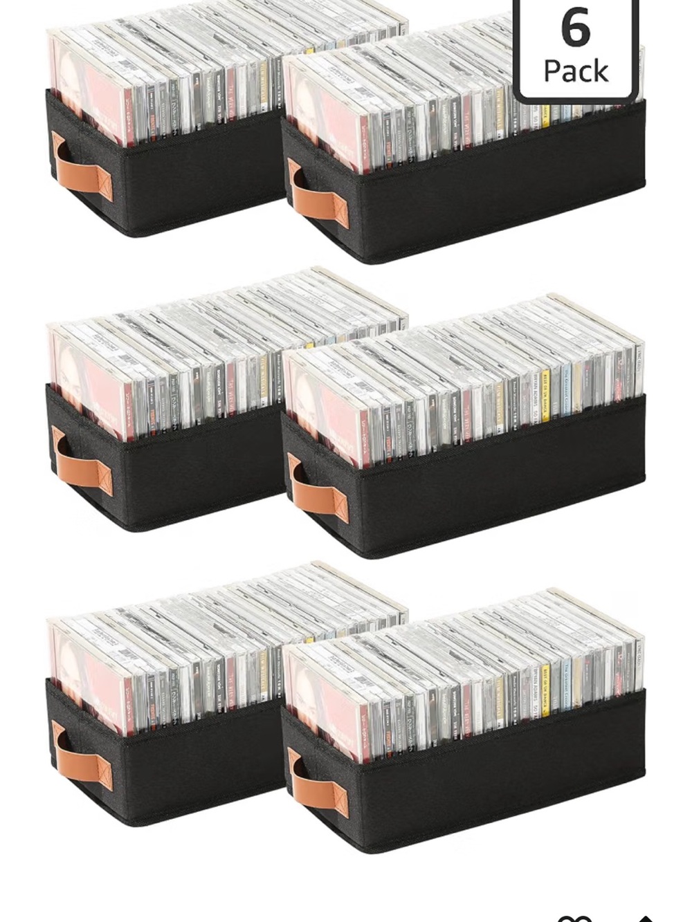 Set of 6 Black Fabric Storage Bins with Brown Leather Handles
